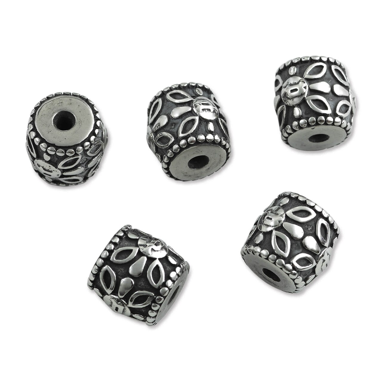 John Bead Antique Stainless Steel Beads - Barrel with Flower, 12 x 12 mm, Pkg of 5